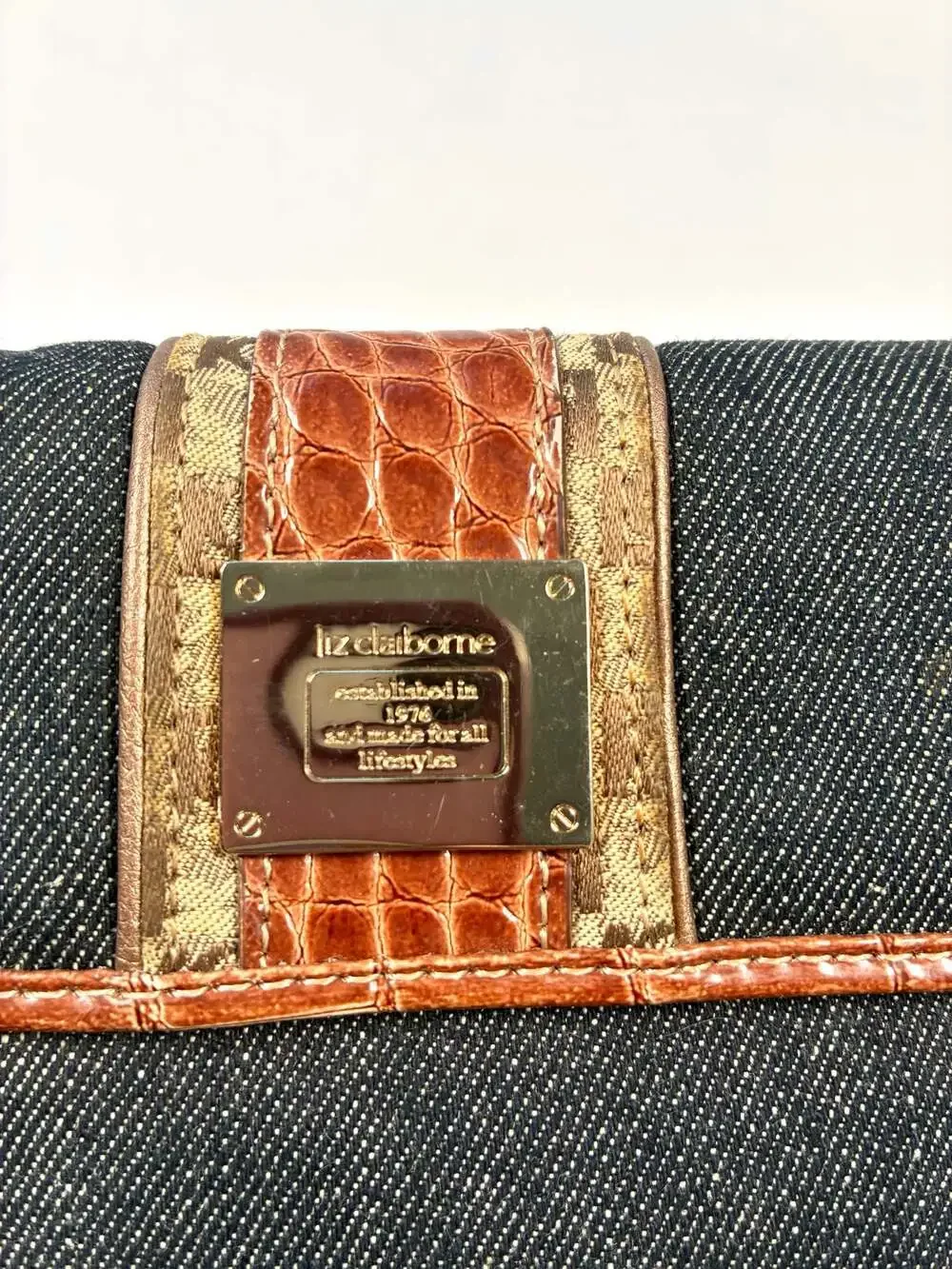 Vintage Y2K Liz Claiborne Denim and Croc Print Trifold Checkbook Wallet
